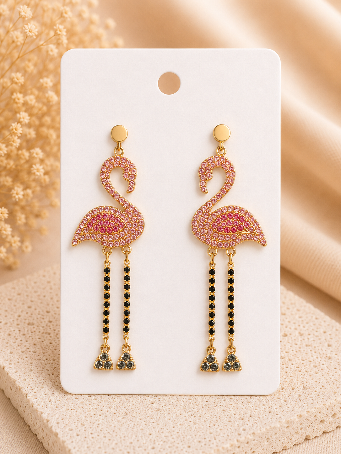 Pink Flamingo Rhinestone Dangle Earrings